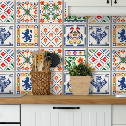 Floral μοτίβο με ζώα Αυτοκόλλητο πλακάκι Backsplash