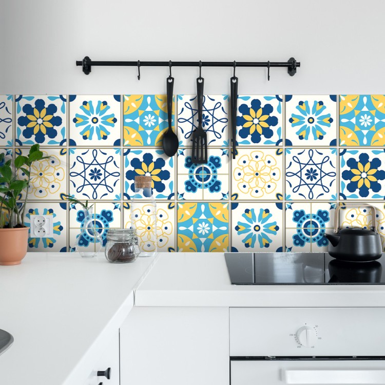 Αυτοκόλλητο πλακάκι Backsplash Γαλάζιο-κίτρινο μοτίβο