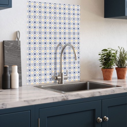 Floral μοτίβο μπλε-κίτρινο Αυτοκόλλητο πλακάκι Backsplash