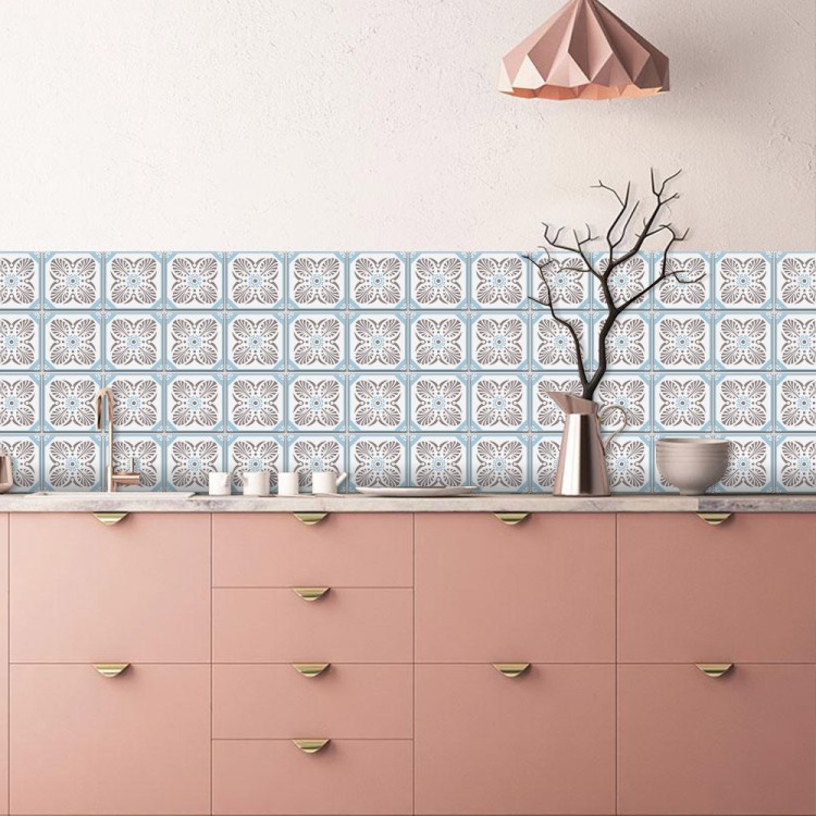 Αυτοκόλλητο πλακάκι Backsplash Floral μοτίβο γαλάζιο-γκρι