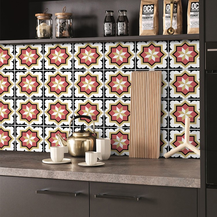 Αυτοκόλλητο πλακάκι Backsplash Floral Μοτίβο ανοιχτό κόκκινο & χρυσό