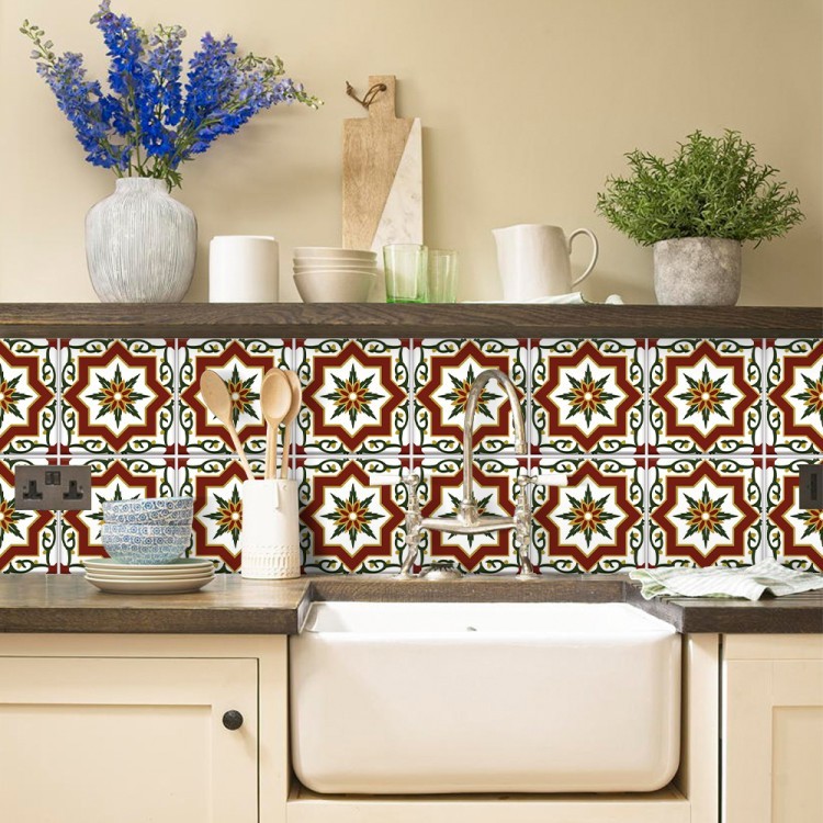 Αυτοκόλλητο πλακάκι Backsplash Floral Μοτίβο κόκκινο-πράσινο-χρυσό