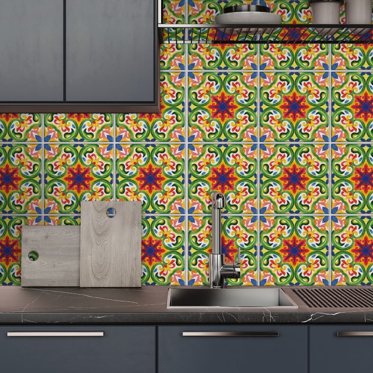 Αυτοκόλλητο πλακάκι Backsplash Πολύχρωμο ιταλικό floral μοτίβο