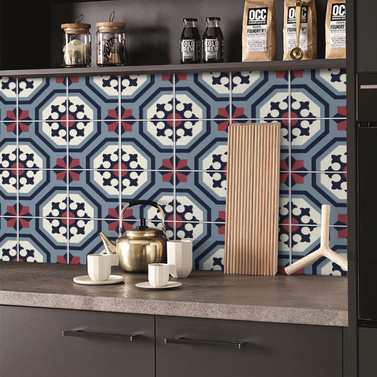 Αυτοκόλλητο πλακάκι Backsplash Vintage μοτίβα μπλε-κόκκινο