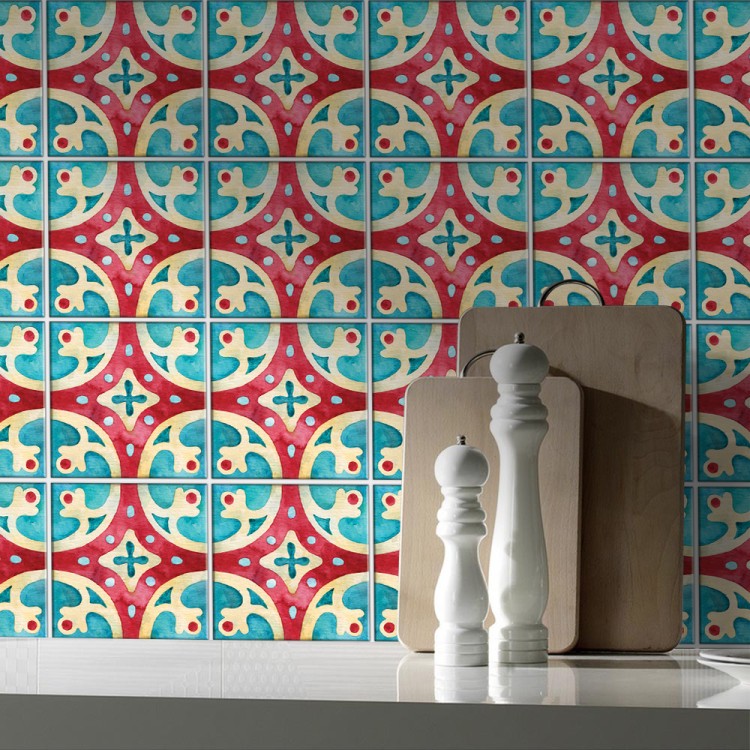 Αυτοκόλλητο πλακάκι Backsplash Πορτογαλικό azulejos μοτίβο κόκκινο & ανοιχτό γαλάζιο