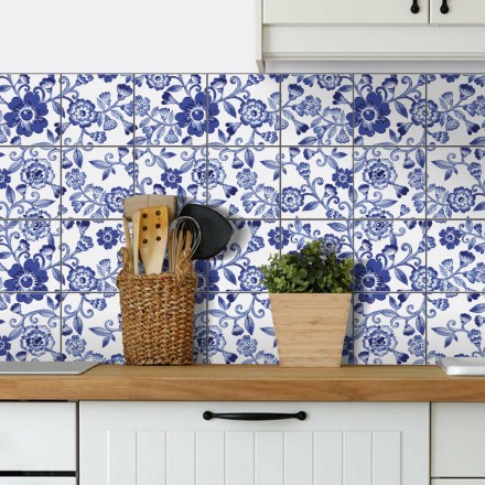 Μπλε λουλούδια Αυτοκόλλητο πλακάκι Backsplash