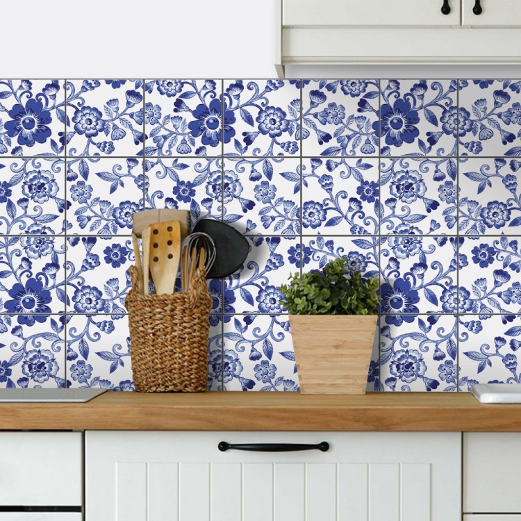 Αυτοκόλλητο πλακάκι Backsplash Μπλε λουλούδια