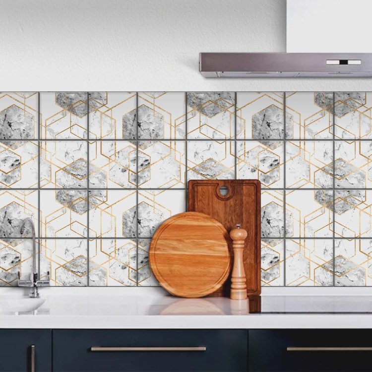 Αυτοκόλλητο πλακάκι Backsplash Γκρι εξάγωνα και χρυσά περιγράμματα