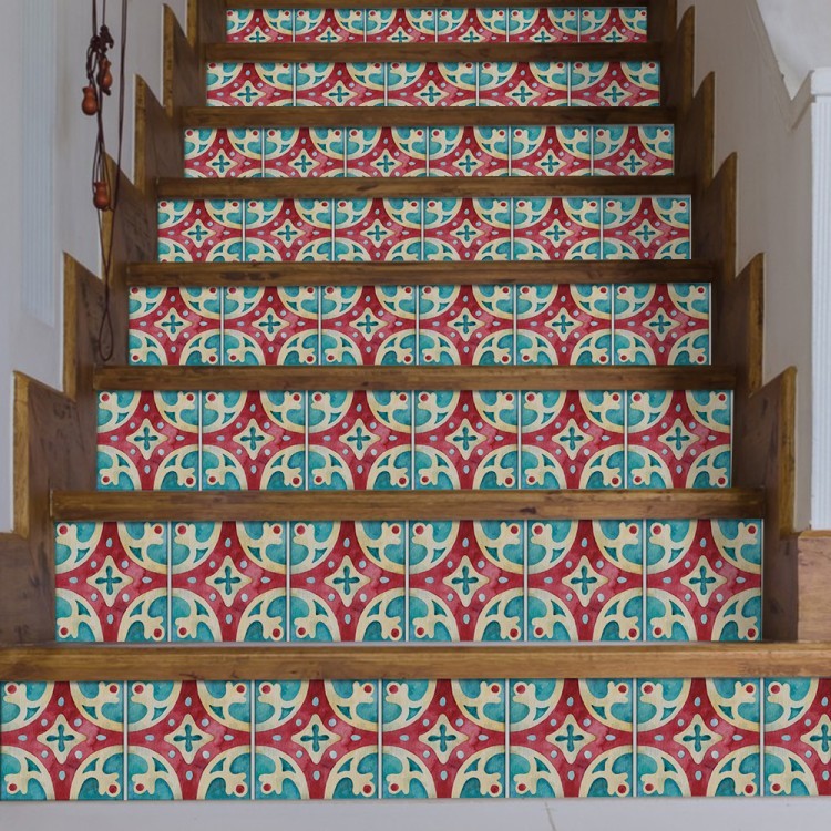 Αυτοκόλλητο Σκάλας Πορτογαλικό azulejos μοτίβο κόκκινο & ανοιχτό γαλάζιο