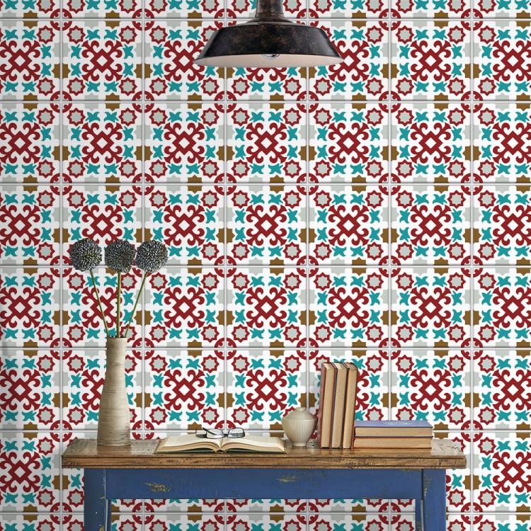 Ταπετσαρία Τοίχου Πορτογαλικό azulejos μοτίβο κόκκινο & γαλάζιο