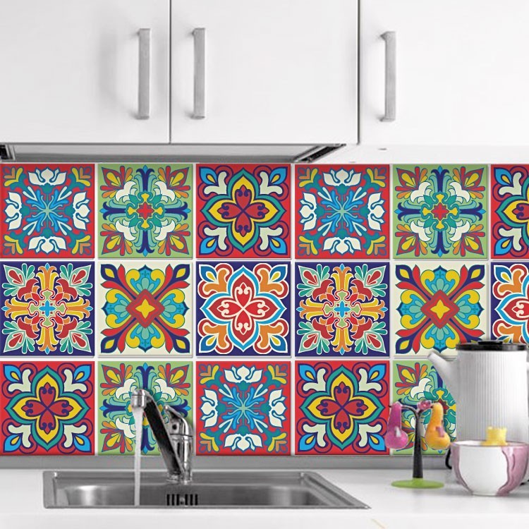 Αυτοκόλλητο πλακάκι τοίχου Πολύχρωμο ιταλικό floral μοτίβο (8 τεμάχια)