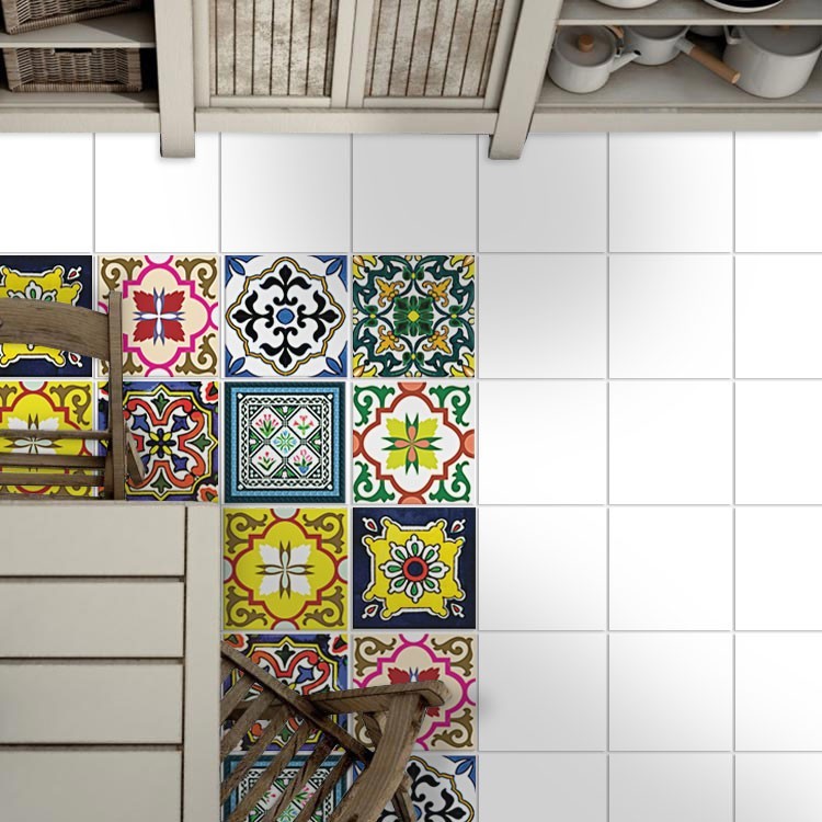 Αυτοκόλλητο πλακάκι δαπέδου Floral πολύχρωμο πορτογαλικό μοτίβο (8 τεμάχια)