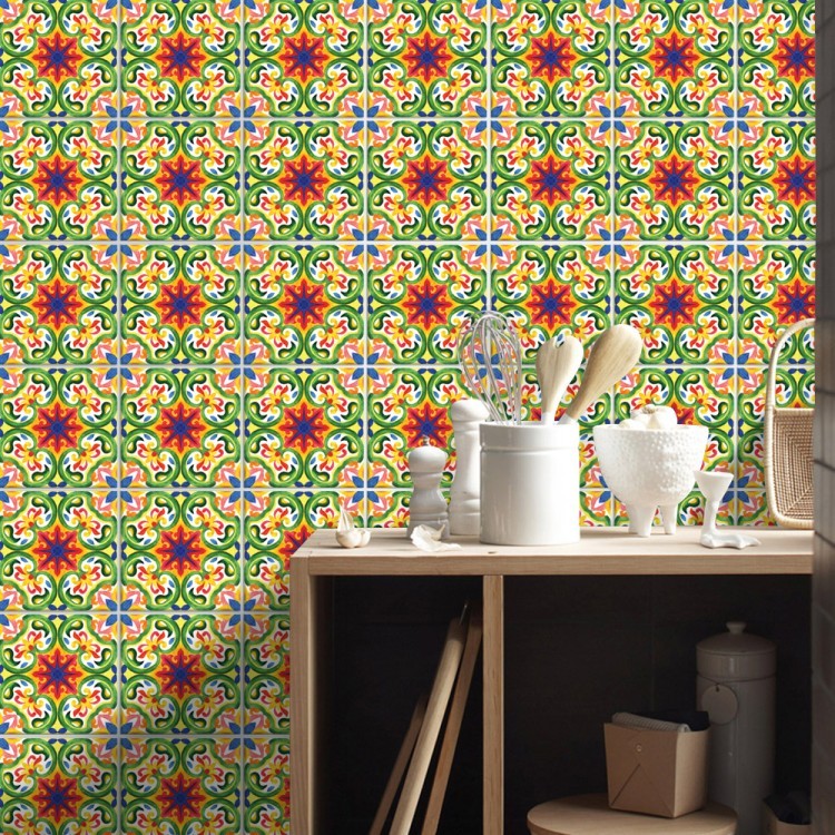 Αυτοκόλλητο πλακάκι τοίχου Πολύχρωμο ιταλικό floral μοτίβο (8 τεμάχια)