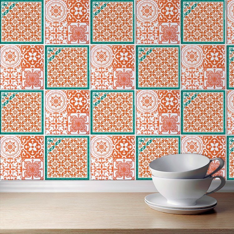 Αυτοκόλλητο πλακάκι τοίχου Πορτογαλικό μοτίβο πορτοκαλί πετρολ (8 τεμάχια)