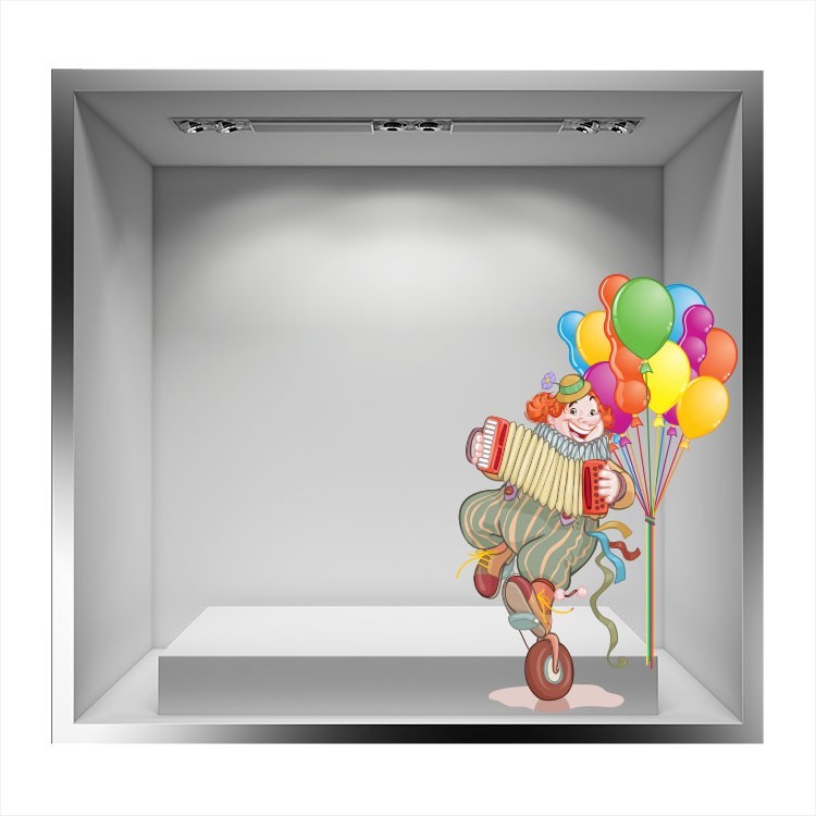 Αυτοκόλλητο Βιτρίνας Αρλεκίνος με μπαλόνια και ακορντεόν