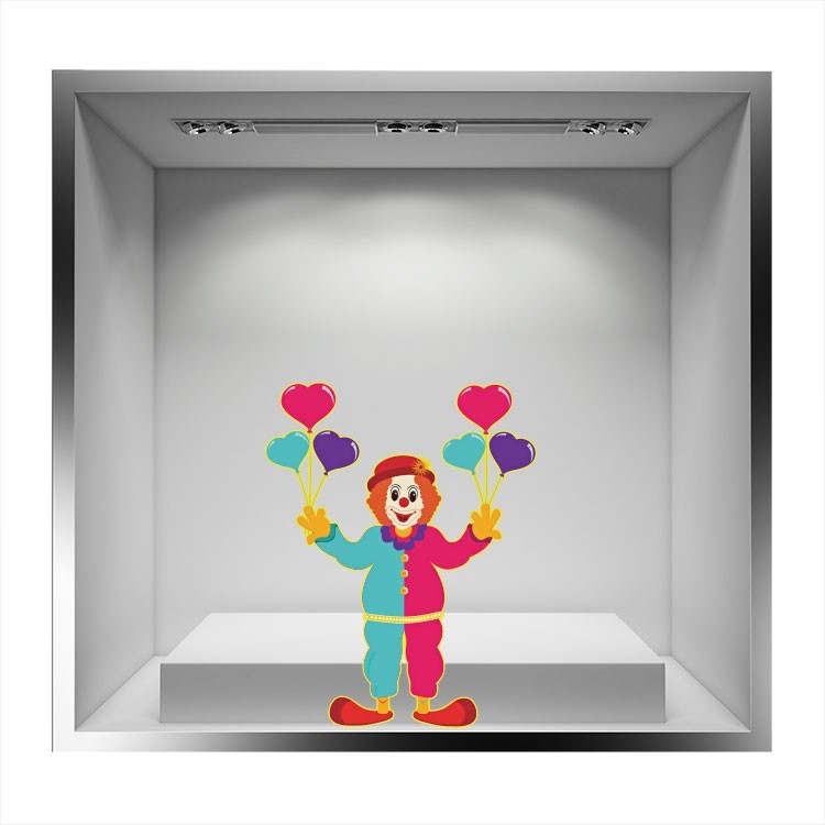 Αυτοκόλλητο Βιτρίνας Κλόουν που κρατάει μπαλόνια καρδιές