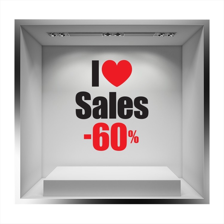 Αυτοκόλλητο Βιτρίνας I love sales -60% με καρδιά