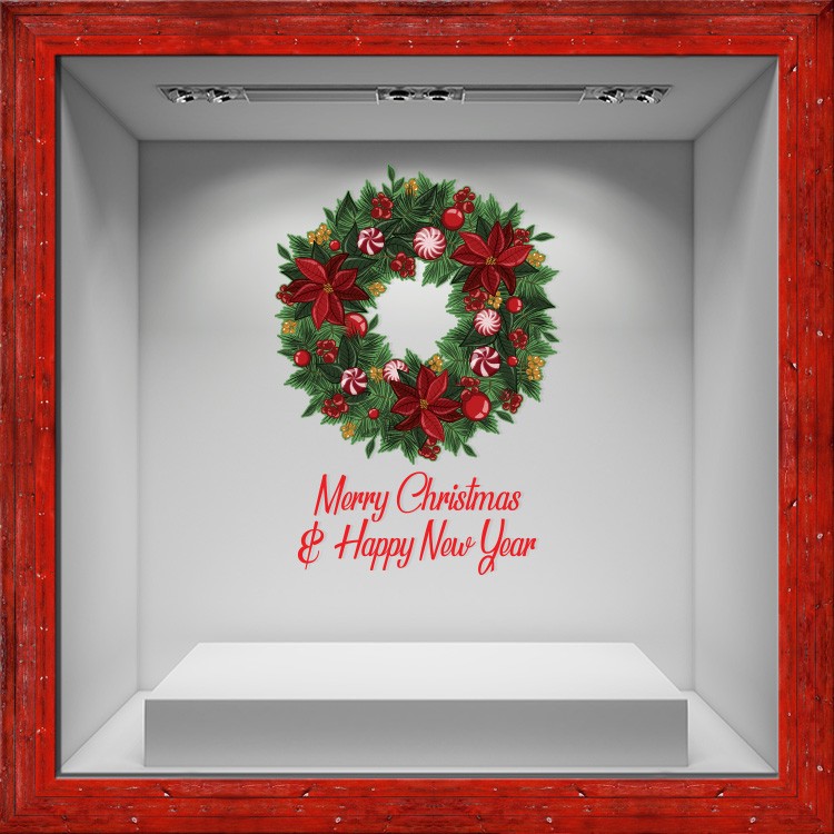 Αυτοκόλλητο Βιτρίνας Happy Christmas - Στεφάνι