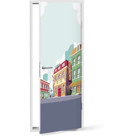 Πολύχρωμα κτίρια κόμικ Αυτοκόλλητο Πόρτας