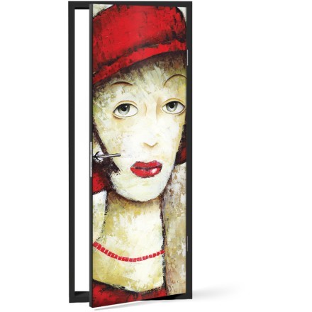 Κυρία με κόκκινο καπέλο Αυτοκόλλητο Πόρτας