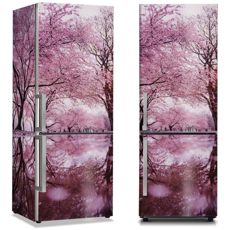 Αυτοκόλλητο Ψυγείου Τοπίο ροζ λουλουδιών στα δέντρα