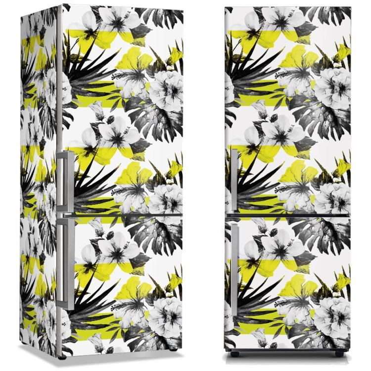 Αυτοκόλλητο Ψυγείου Ασπρόμαυρα - Κίτρινα Λουλούδια