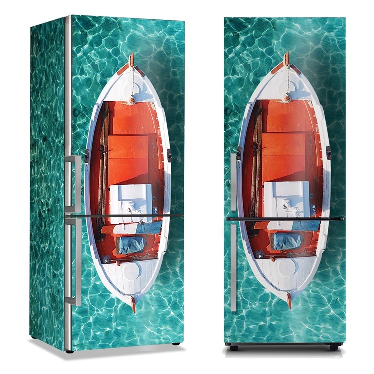 Αυτοκόλλητο Ψυγείου Αεροφωτογραφία παραδοσιακής βάρκας στην θάλασσα της Μυκόνου