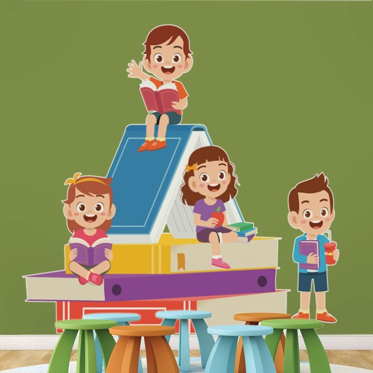 Αυτοκόλλητο Τοίχου Παιδιά κάθονται πάνω στο βιβλίο