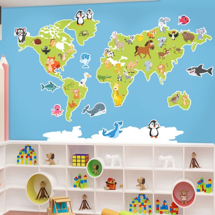 Αυτοκόλλητο Τοίχου Χάρτης του κόσμου με ζώα