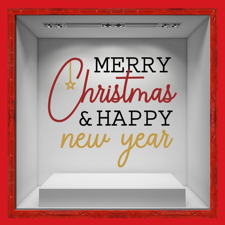 Αυτοκόλλητο Βιτρίνας Merry Christmas & A Happy New Year red-gold