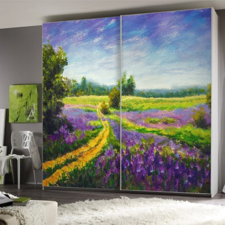 Purple flowers field oil painting Αυτοκόλλητο Ντουλάπας