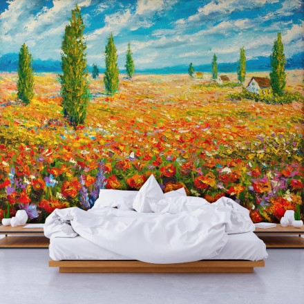 Floral Meadow Oil Painting Ταπετσαρία Τοίχου