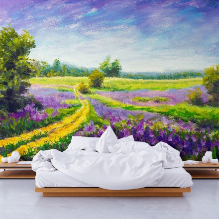 Paint landscape purple flower meadow Ταπετσαρία Τοίχου