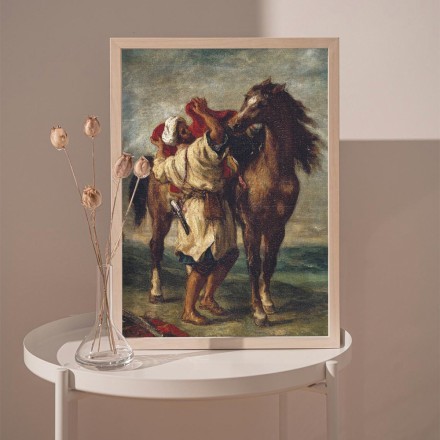 Arab saddling his horse Πίνακας σε Καμβά