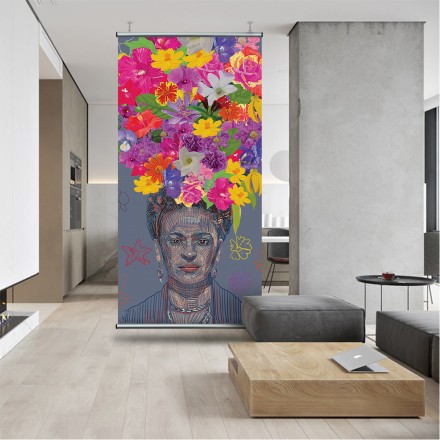 Drawing of Frida Kahlo's portrait with big colorful flower crown on the head Διαχωριστικό Panel