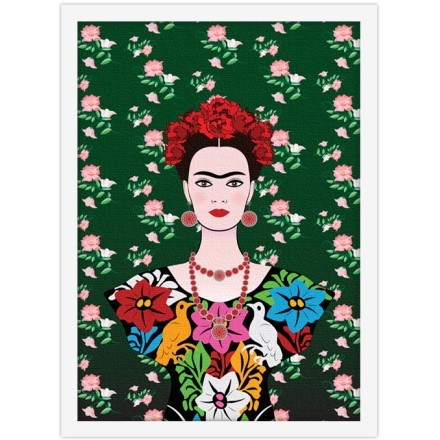 Frida Kahlo portrait, mexican woman with a traditional hairstyle