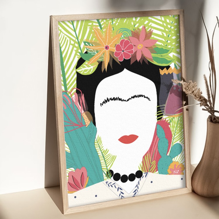 Πίνακας σε Καμβά Εξοτικό Πορτρέτο της Frida Kahlo με Φύλλα Φοίικα
