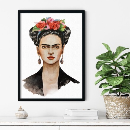 Frida Kahlo with a wreath on her head and a black handkerchief Πίνακας σε Καμβά