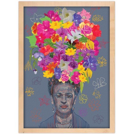 Drawing of Frida Kahlo's portrait with big colorful flower crown on the head