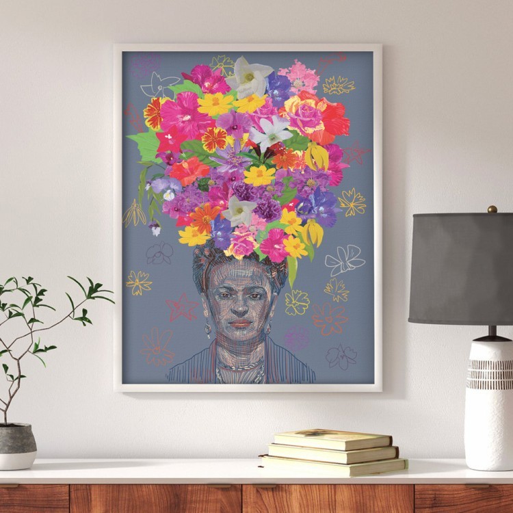 Πίνακας σε Καμβά Drawing of Frida Kahlo's portrait with big colorful flower crown on the head