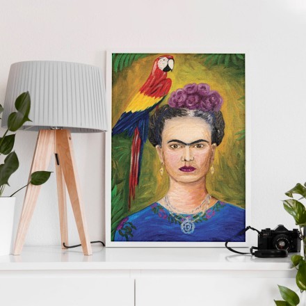 Frida Kahlo and ara parrot Πίνακας σε Καμβά