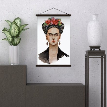 Artist Frida Kahlo with a wreath on her head and a black handkerchief