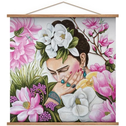 Colorful Frida Kahlo surrounded by flowers