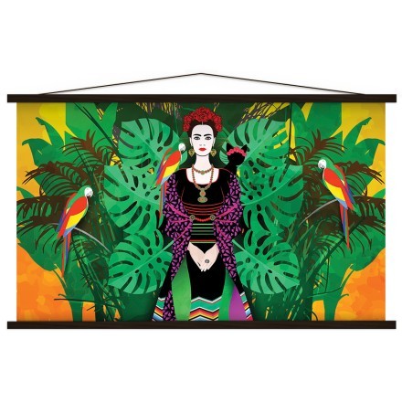 Frida Kahlo with palm leaves and parrots