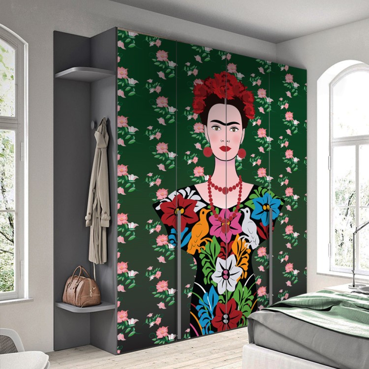 Αυτοκόλλητο Ντουλάπας Πορτρέτο της Frida Kahlo σε μεξικάνικο μοτίβο