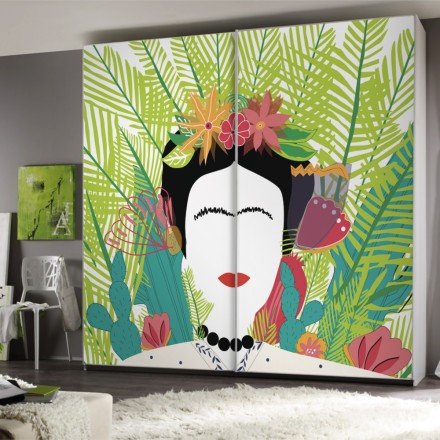 Exotic Portrait of Frida Kahlo with leaves and cactus