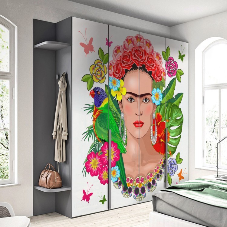 Αυτοκόλλητο Ντουλάπας Frida Kahlo Floral Exotic Portrait on White Vector Illustration