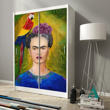 Frida Kahlo and colorful parrot Αυτοκόλλητο Ντουλάπας