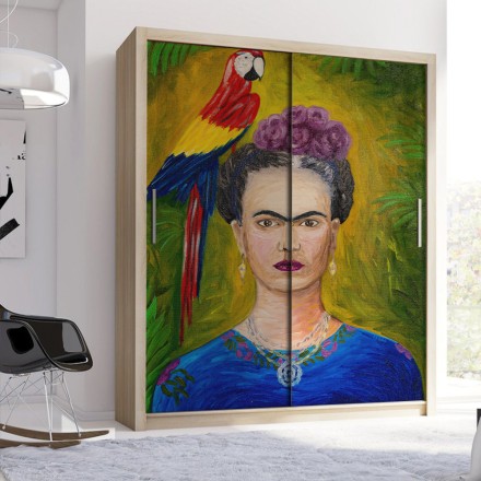 Frida Kahlo and colorful parrot