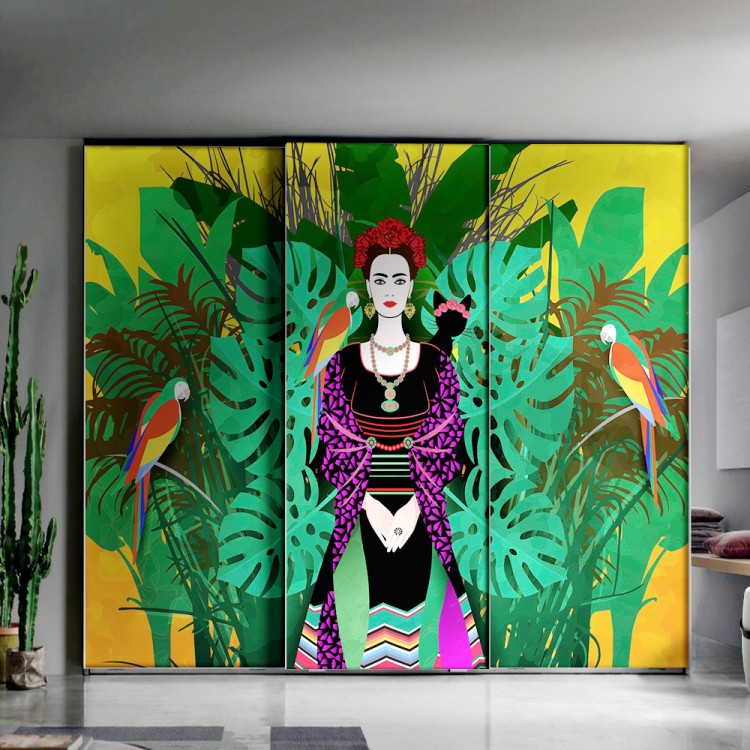 Αυτοκόλλητο Ντουλάπας Frida Kahlo σε πολύχρωμο φλοράλ background